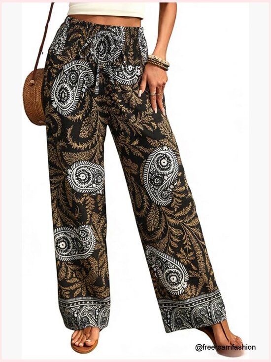 Pants - High Waisted Wide Leg Palazzo Pants Floral Boho Lounge